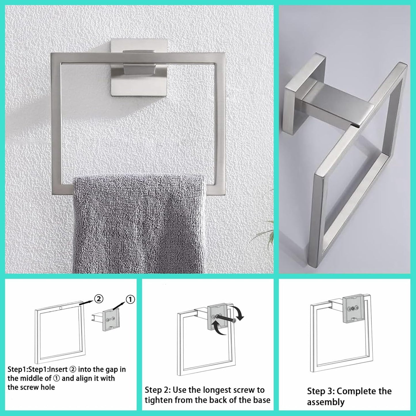 Bathroom Towel Bar Set 10 Pieces Brush Nickel Square Modern Bathroom Hardware Set SUS304 Bathroom Accessories Set Towel Rack Set for Bathroom Wall Mounted (Brushed Nickel, 24 Inch)