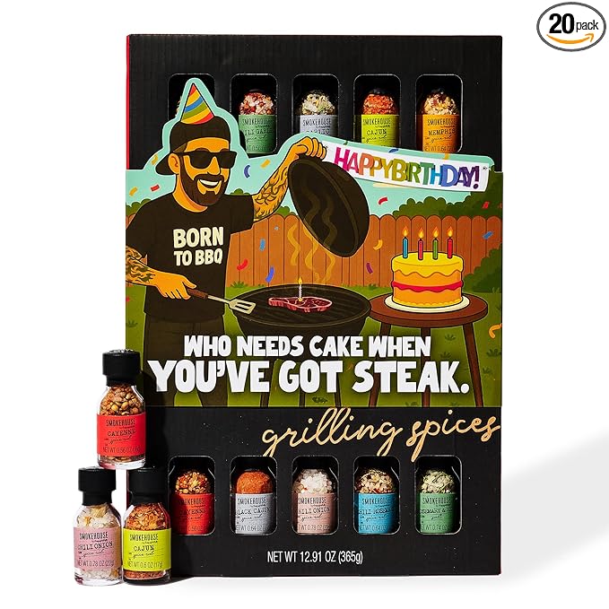 Smokehouse by Thoughtfully, Gourmet Ultimate Grilling Spice Set with Birthday Wrap, Includes 20 BBQ Seasonings & Rubs Like Chili Garlic, Italian, and Cajun, Gift for Him, Dad, or Grill Lovers