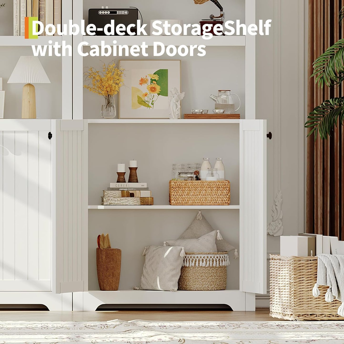 GAOMON 72'' Tall Arched Cabinet, 5 Tier Arched Bookshelf with Double Doors & Adjustable Shelf, Wooden Bookcase with Storage for Living Room, Bedroom, Study, Kitchen, Home Office, White
