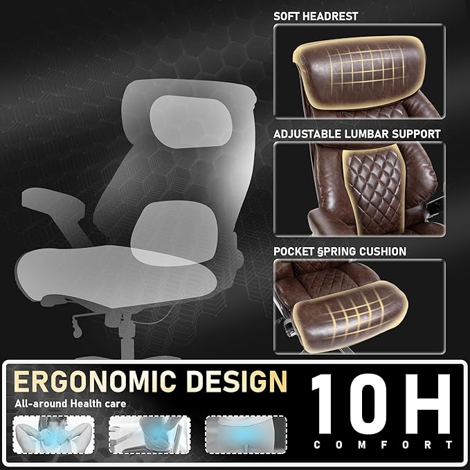 DYHOME 700LBS Heavy Duty Office Chair with 4d Armrest, Big and Tall Office Chair, Ergonomic Computer Chair with Airbag Lumbar Support, Wider Thicker Seat Cushion, PU Comfy Office Desk Chairs, Brown