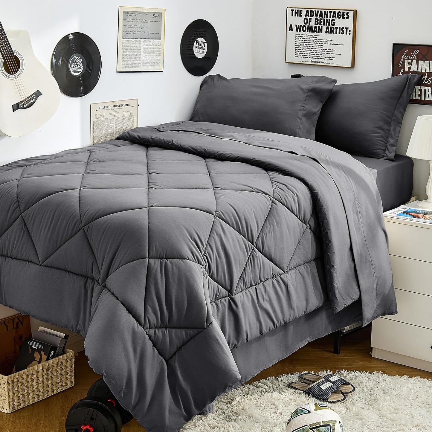 HEVUMYI Twin-XL Comforter Set - 5-Piece All Season Bed in a Bag Twin-XL, Ultra Soft Bedding Set with Comforter, Flat Sheet, Fitted Sheet, Pillowcases, Pillow Shams, Dark Grey