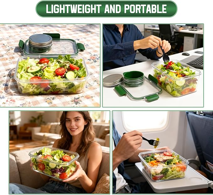 Upgrade Salad Container with Dressing Cup & Fork - Leakproof Airtight Salad Box, BPA-Free & Dishwasher Safe, 8.27×5.5×4.33in Compact Meal Prep Container for Office/Picnic (Green)