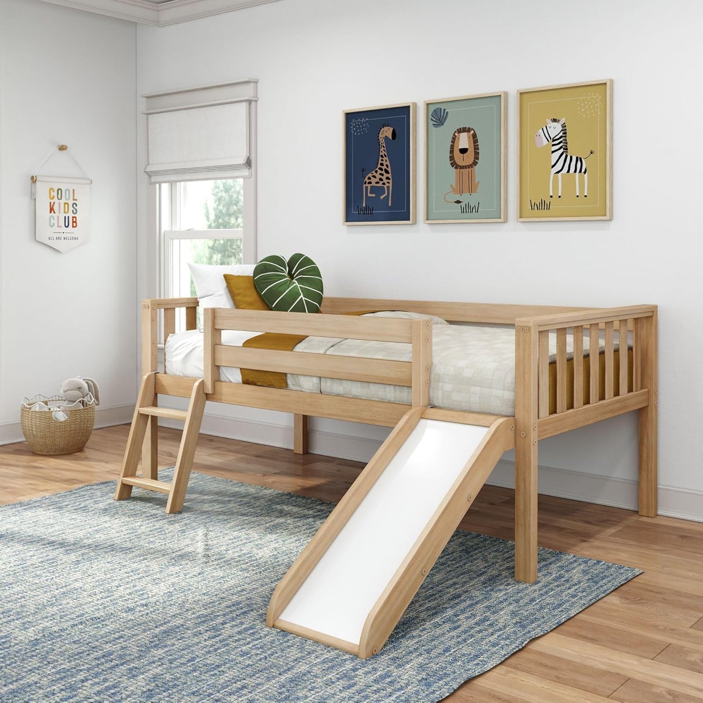 Max & Lily Twin Ultra Low Loft Bed with Slide and Climbing Ladder, Solid Wood Bed for Kids, Space Saving Design for Small Rooms, Twin Size Loft Bed with 14 Inch Guardrails, Anti Slip Steps, Blonde