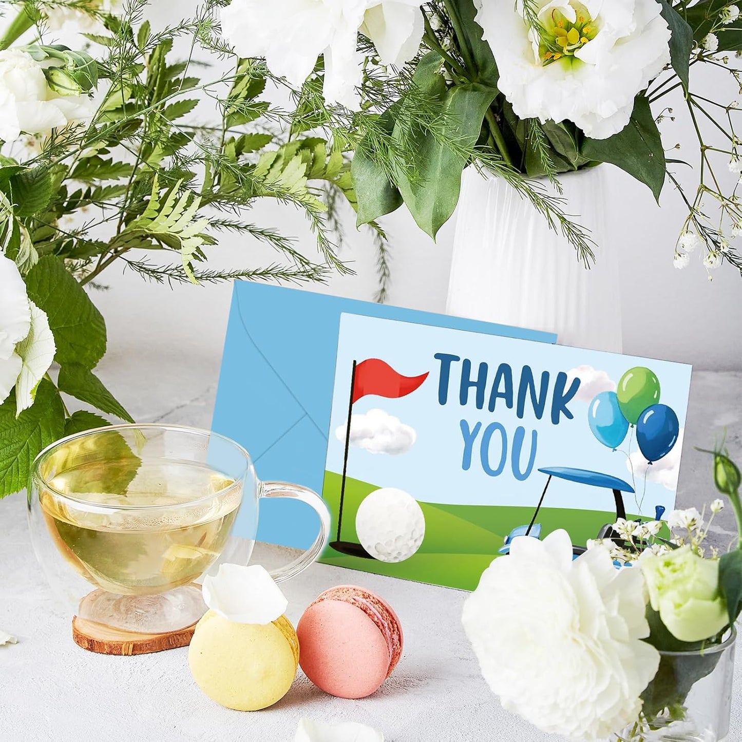Whaline 24Pcs Golf Thank You Cards Golf Course Cart Balloon Greeting Card Blue Green Blank Note Cards with Envelope Sticker for Birthday Sport Party Supplies