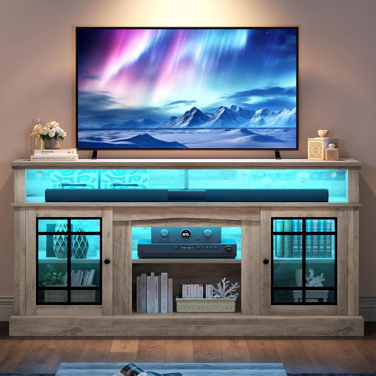 YITAHOME Modern TV Stand for 75 Inch TV, LED Entertainment Center with Adjustable Shelves and Glass Doors, 32'' Tall Television Stands TV Media Console Table for Living Room, Pine Grey