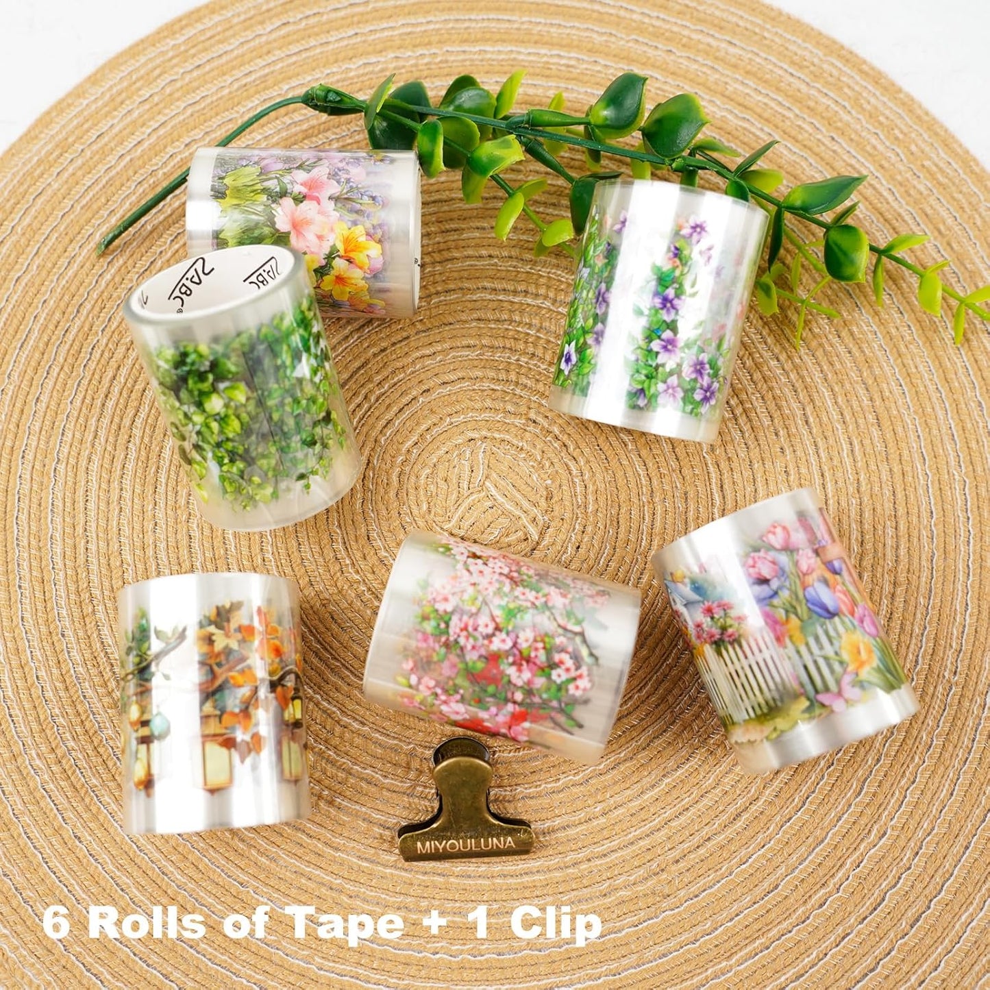 Misty Island Florals PET Pre-Cut Floral Tape Set - 6 Rolls Clear Flower Sticker Strips + 1 Clip for Scrapbook Journals Junk Journal Coastal Cottage DIY Décor
