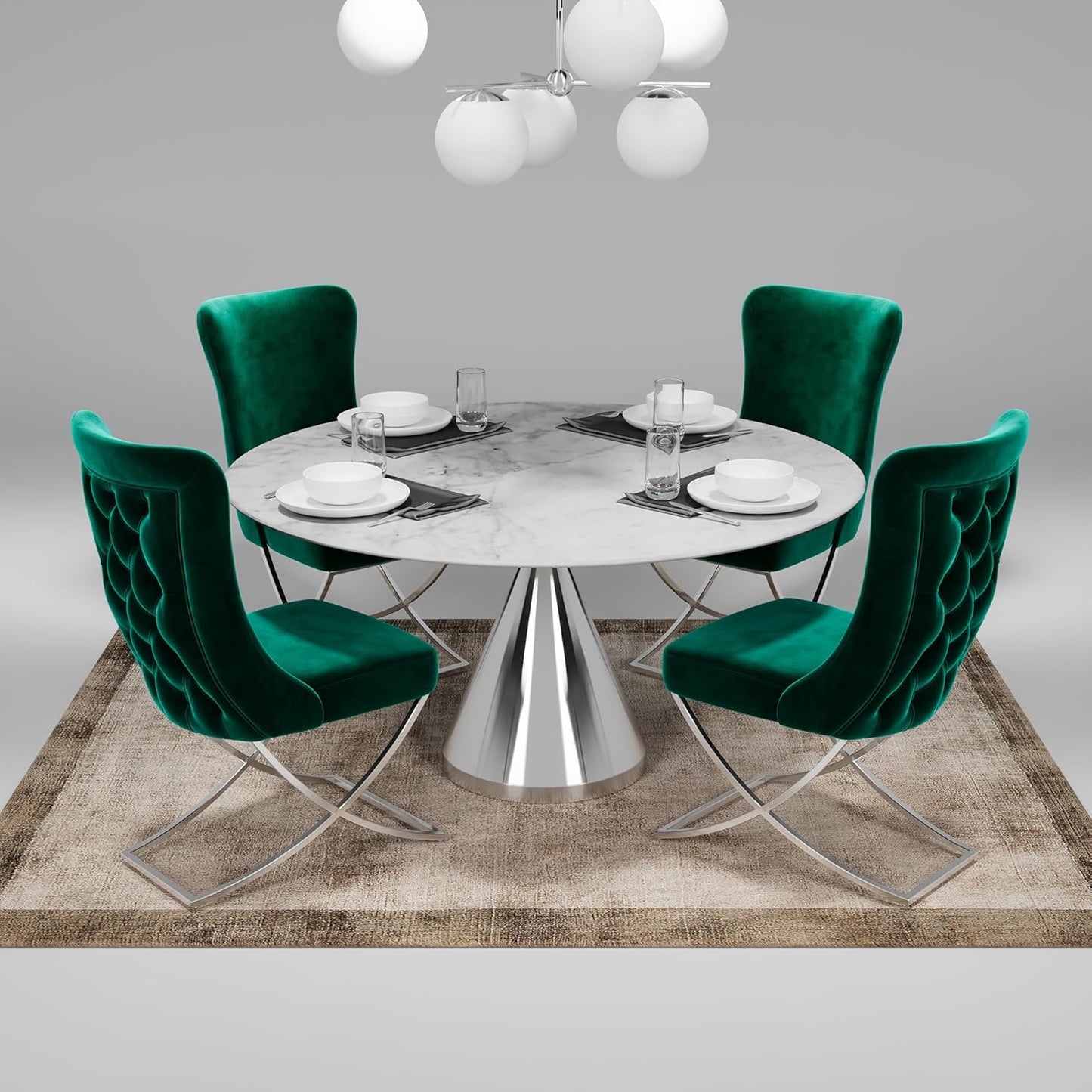 Ottomanson Royal Dining Chairs Set of 6 – Upholstered Tufted Microfiber, Assembled, Silver Metal Legs, Beech Wood Frame, 350 lb Capacity, Green