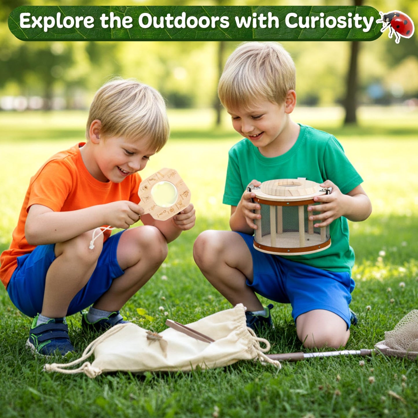 GAGAKU Kids Bug Catching Kit with Backpack - 8 in 1 Outdoor Explorer Set with Net, Wooden Box & Magnifying Glass, STEM Science Educational Toys Gifts for Boys Girls Ages 4-12