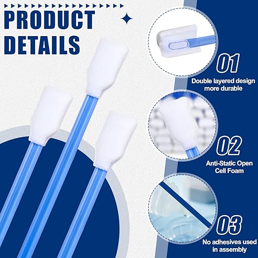 Dunzy 600 Pcs Foam Cleaning Swab Stick 5.12" Blue Square Rectangle Sponge Tip Swabs for Solvent Format Inkjet Printer Optical Equipment