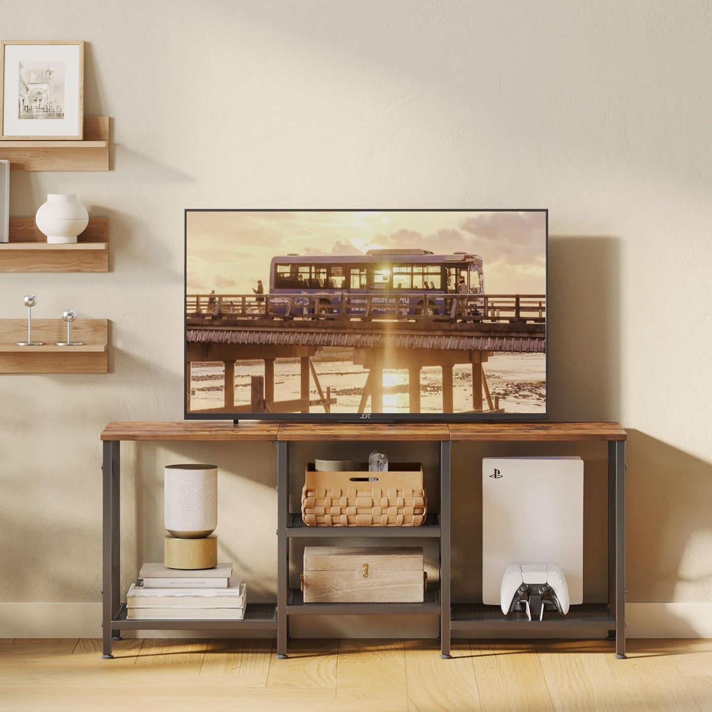 TV Stand for 55 Inch TV, Entertainment Center with 3-Tier Open Shelves, TV Console Table for Living Room, Bedroom, Rustic Brown