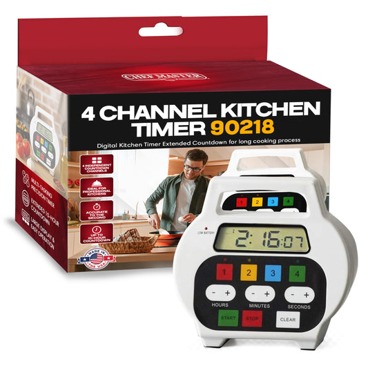 Chef Master 4-Channel Digital Kitchen Timer – Timer for Cooking, Baking & Grilling – LED Display Clock with Independent Countdown Functions for Food Preparation, Roasting, & Tracking - 90218