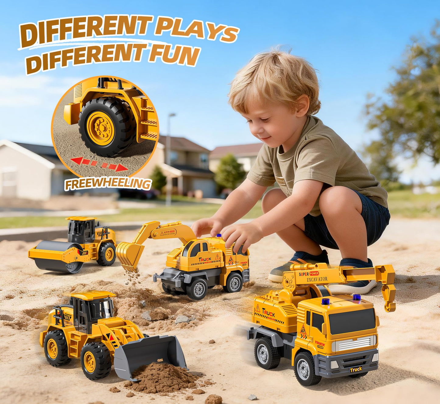 KukuFun 4-Pack Truck Toys for Boys 3-5 Year Old，Construction Sandbox Toy Set with Excavator，Indoor/Outdoor Sand Toys for Kids Toddlers Girls Age 3-8，Birthday Gifts