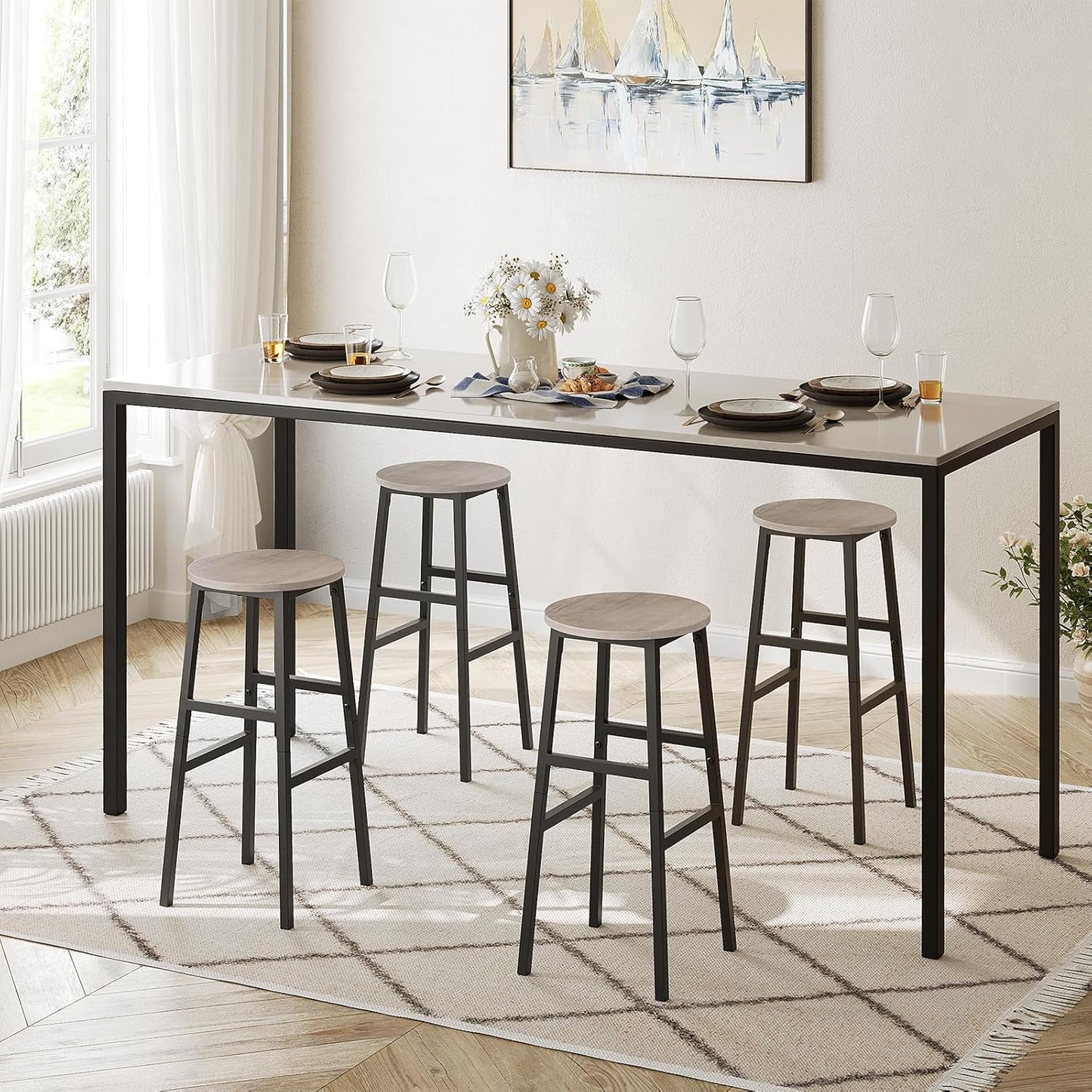 Bar Stools, Set of 2 Round Bar Chairs with Footrest, 28 Inch Kitchen Breakfast Bar Stools, Industrial Stools, Easy Assembly, for Dining Room, Kitchen, Greige BAHG02701