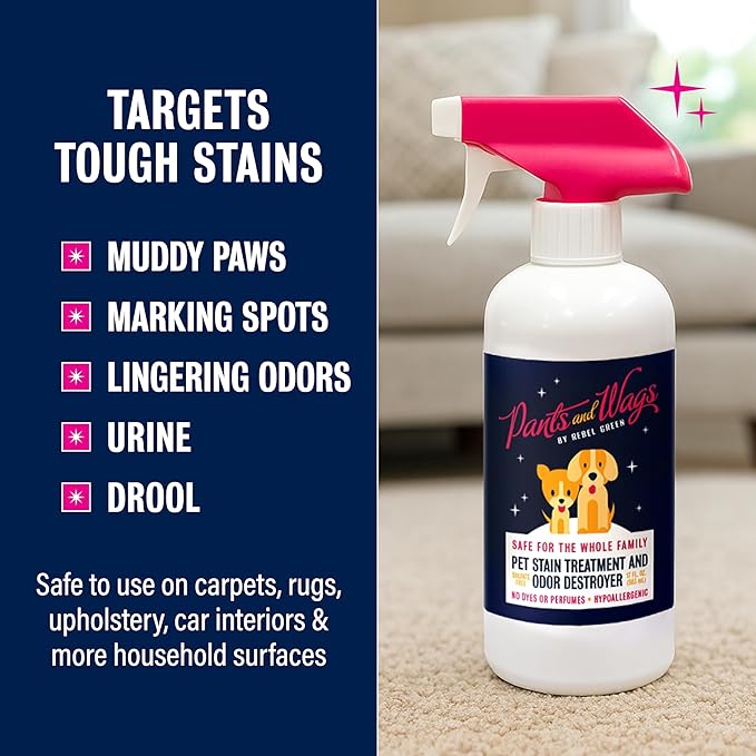 Rebel Green Pants & Wags Magical Pet Stain Treatment & Odor Destroyer - Orange Blossom & Chamomile - Hypoallergenic - No Dyes or Perfumes -16 oz - 2-Pack