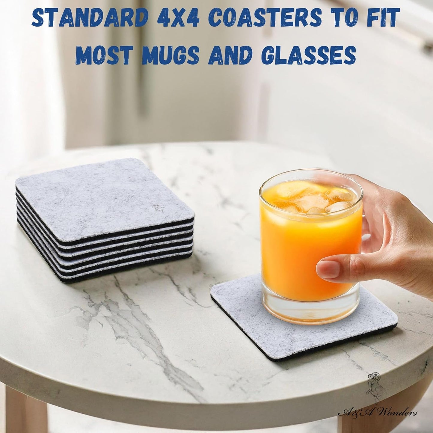 A&A Wonders Premium Felt Coasters for Drink, Two-Tone Reversible, Absorbent Felt Protects Furniture, Table, Anti Slip, Suitable for Drinks & All Table Types (Light Gray/Dark Gray, Square 18 Pack)