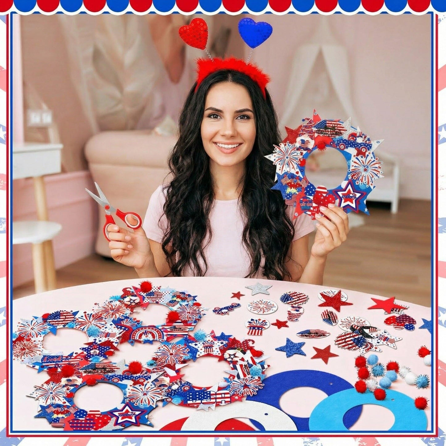 SmoothNovelty 405 Pcs 4th of July DIY Craft Kits Memorial Day Crafts Wreaths Patriotic Wreath Kits 32 Pcs Foam Wreath with 373 Patriotic Stickers for 250th Anniversary Independence Day Party Supplies