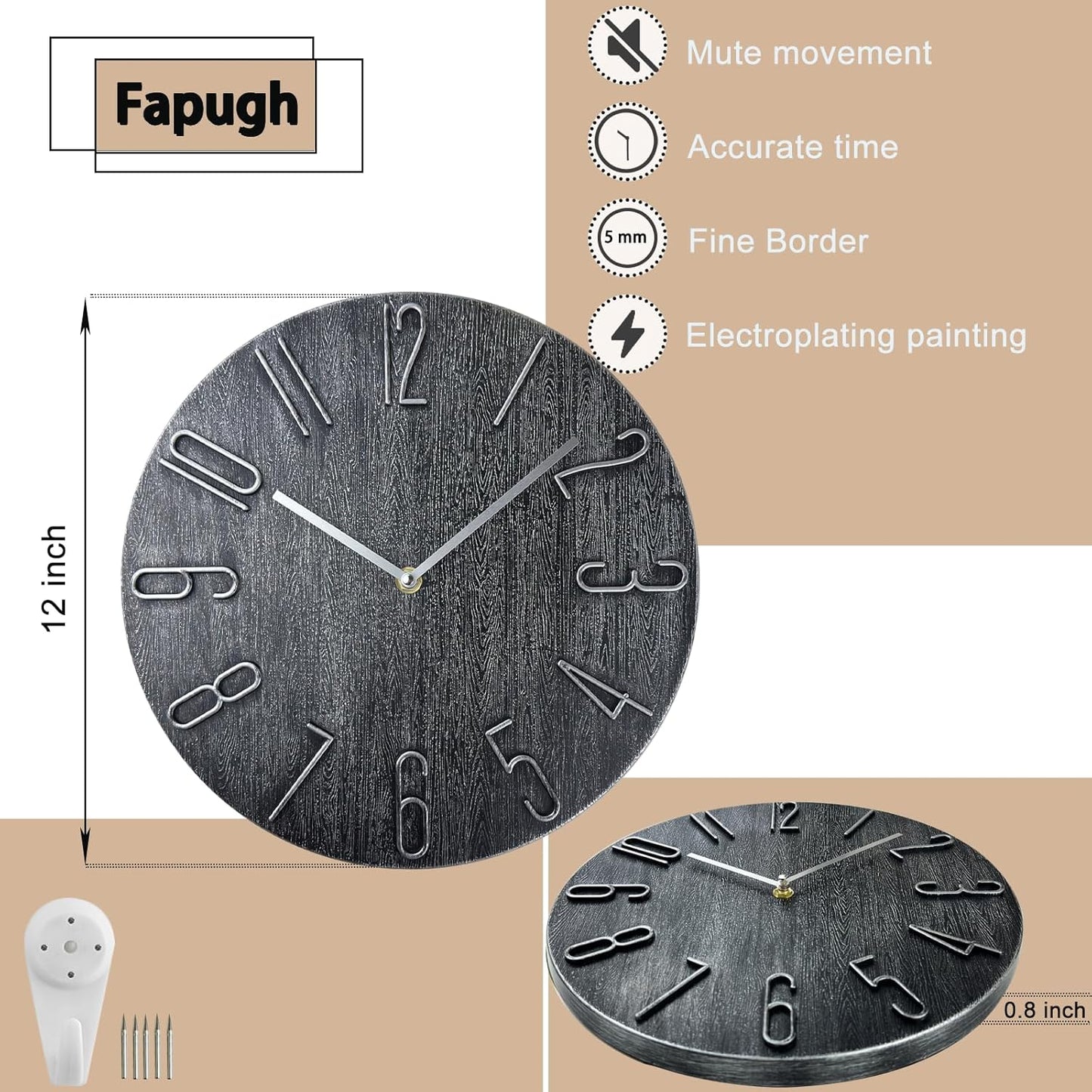 Wall Clock, Silent Clock, Wall Clocks Battery Operated， 12 inch Modern Wall Clock, Suitable for Offices, Living Rooms, Kitchens, Homes, Schools (Gray Without Second Hand)