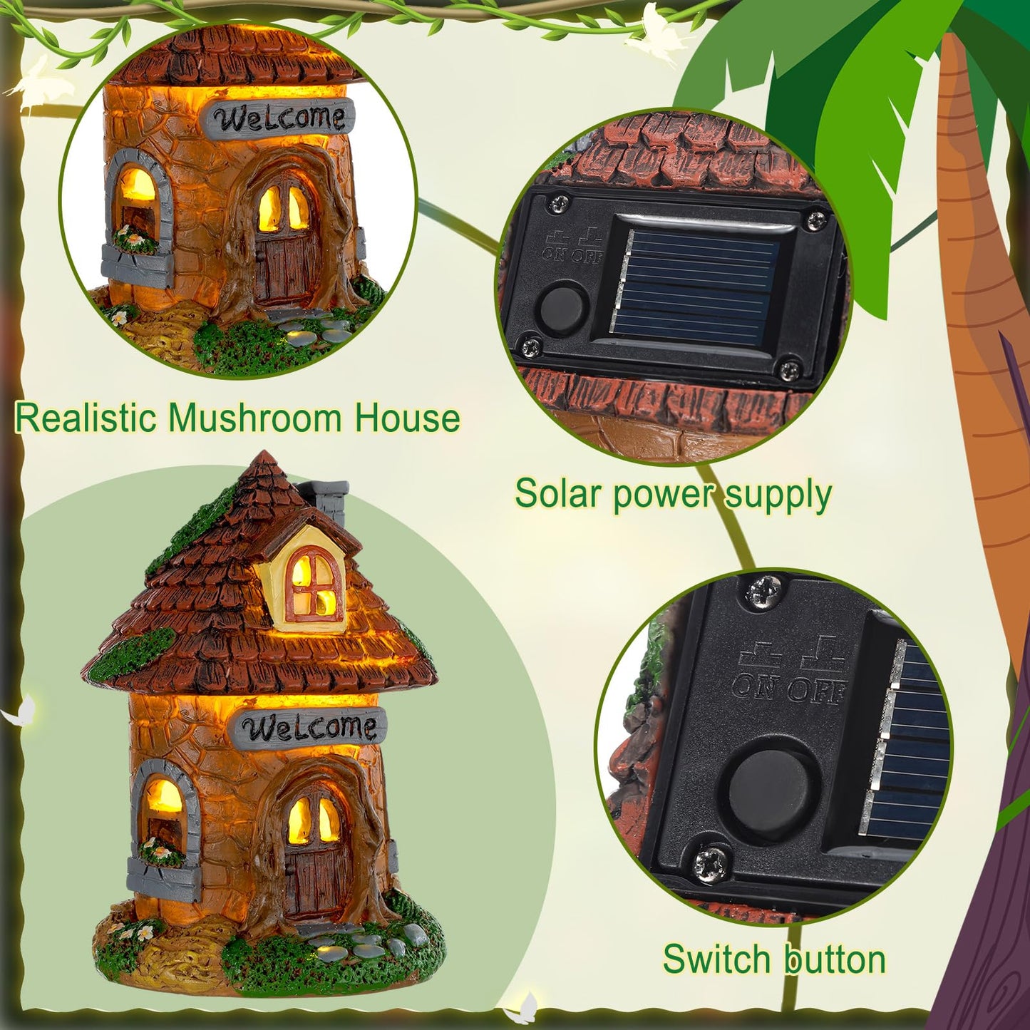 Leyndo 28 Pcs Solar House Garden Accessories Fairy Light up Fairy Figures Garden Kit Resin Miniature Mushroom House Figures Micro Landscape Ornaments (Fresh)