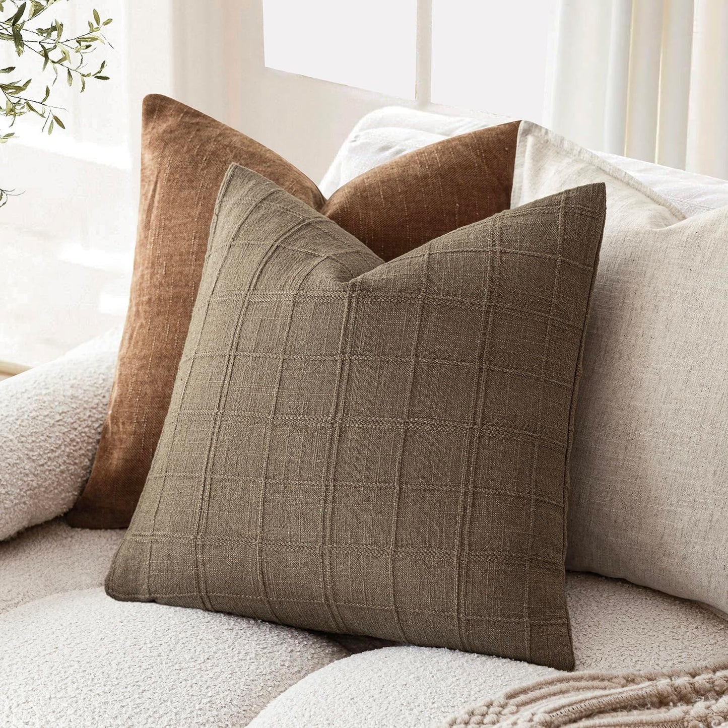 Foindtower Set of 2 Decorative Linen Check Throw Pillow Covers Neutral Farmhouse Vintage Cushion Covers Modern Boho Home Decor for Sofa Chair Couch Bedroom Living Room Outdoor,22×22 Inch,Light Brown