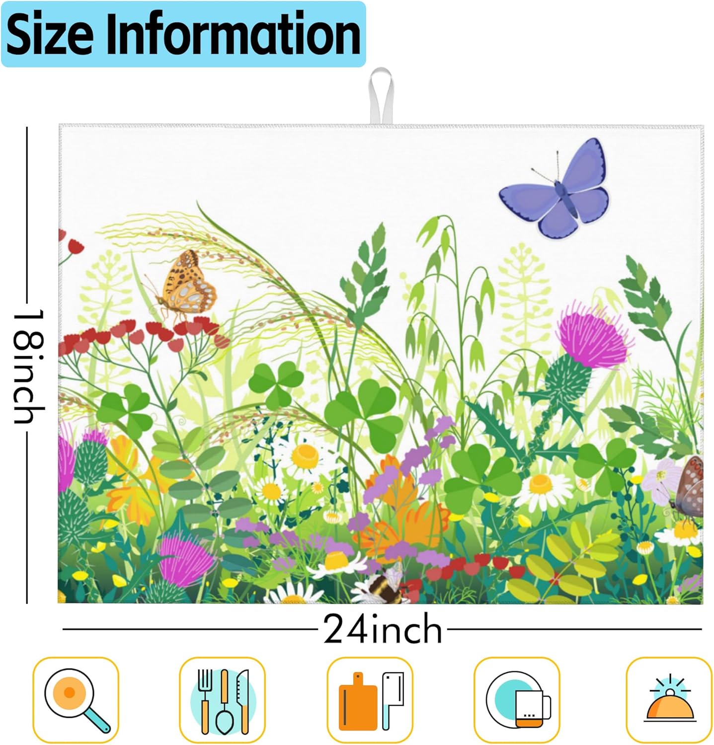 Large Dish Drying Mat for Kitchen Counter,18"X24" Meadow Plants Flowers and Butterflies Absorbent Reversible Microfiber Dish Drying Mat Dish Drainer Mat,Drying Pad for Kitchen Countertop Coffee Bar