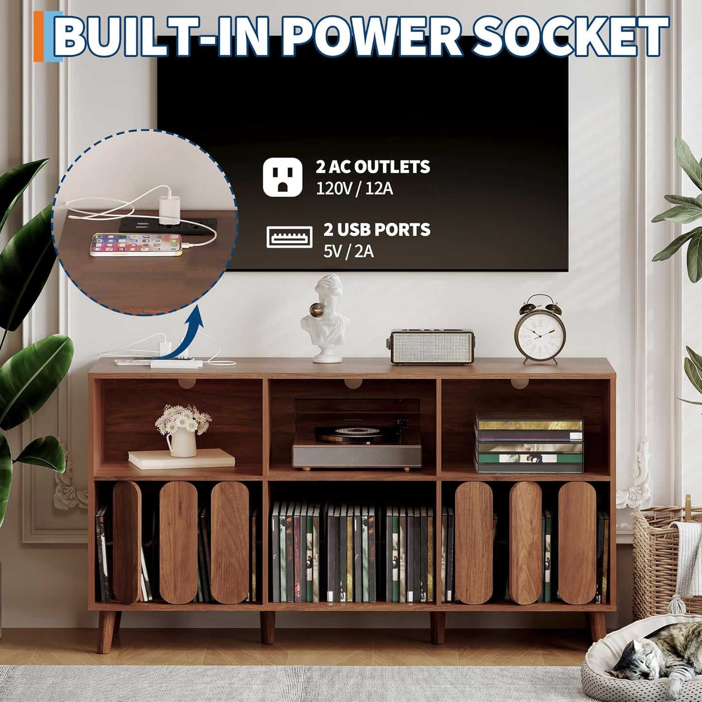 Large Record Player Stand, Record Player Table Vinyl Record Storage Holder Records Cabinet Organizer with Power Outlet for Living Room, Walnut