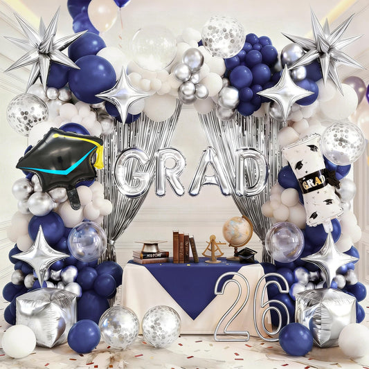 Graduation Balloon Arch Kit 2026, 194pcs Class of 2026 Graduation Decorations, All-in-One Balloon Garland Kit for Graduation Party Backdrop & Photo Booth,Navy Blue Silver Balloons with GRAD Letters