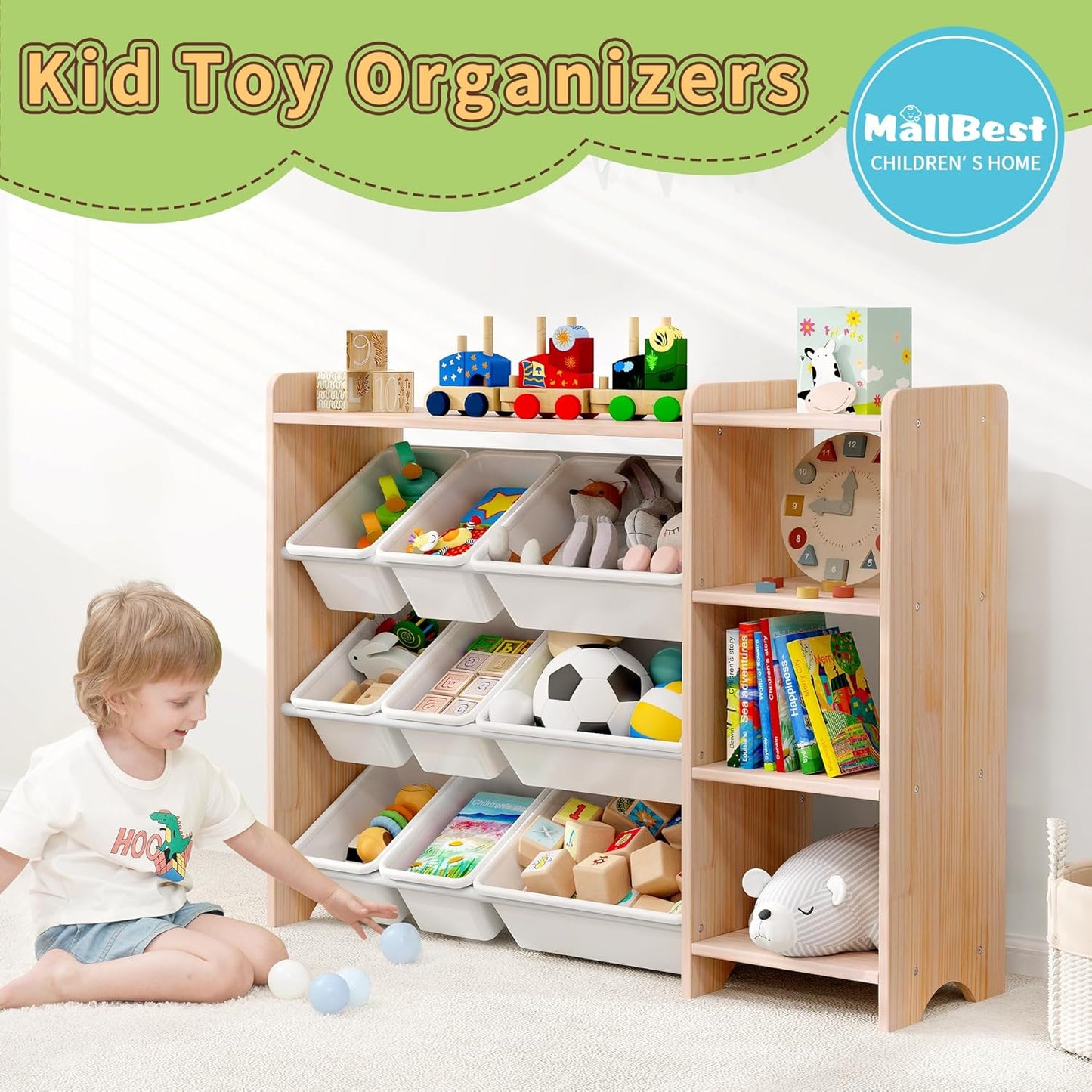 MallBest 4-Tier Kids' Toy Storage Organizer Shelf - 100% Solid Wood,Children's Storage Cabinet with 9 Plastic Bins and and 3 Storage Ports (Varnish-Single Color)