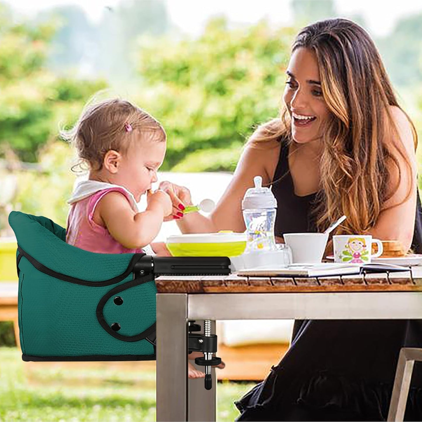 Hook On Chair, Safe and High Load Design, Fold-Flat Storage and Tight Fixing Clip on Table High Chair, Removable Seat Cushion, Attach to Fast Table Chair (Dark Green)