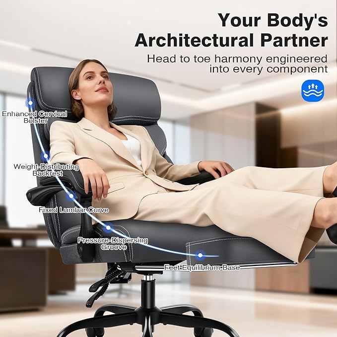 Office Chair - Ergonomic Comfortable High Back Computer Desk Chair with Foot Rest - Executive Breathable Swivel Rolling Reclining Leather Chair with Lumbar Support for Home Gaming Relaxing