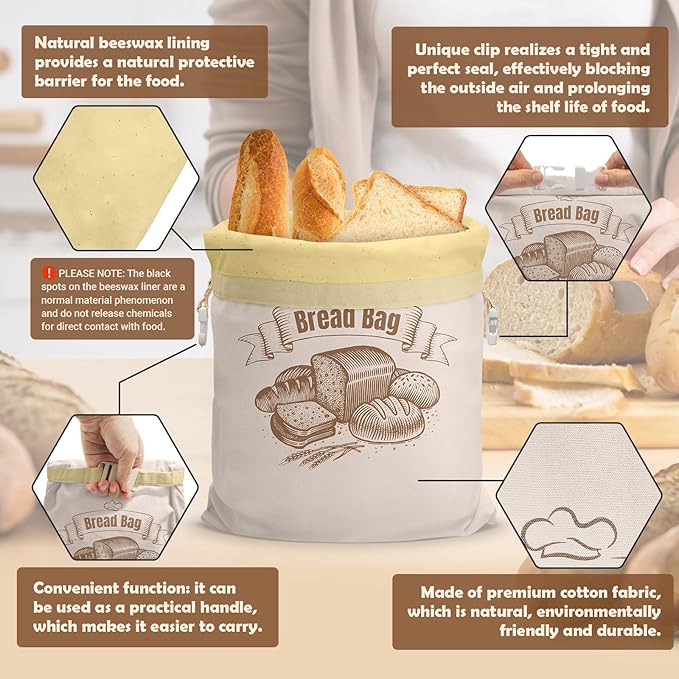 Cotton Beeswax Bread Bag Reusable Double-Lock Freezer Safe for Homemade Sourdough Bread Food Storage Gifts for Sourdough Bakers (Pattern 2 1PCS)