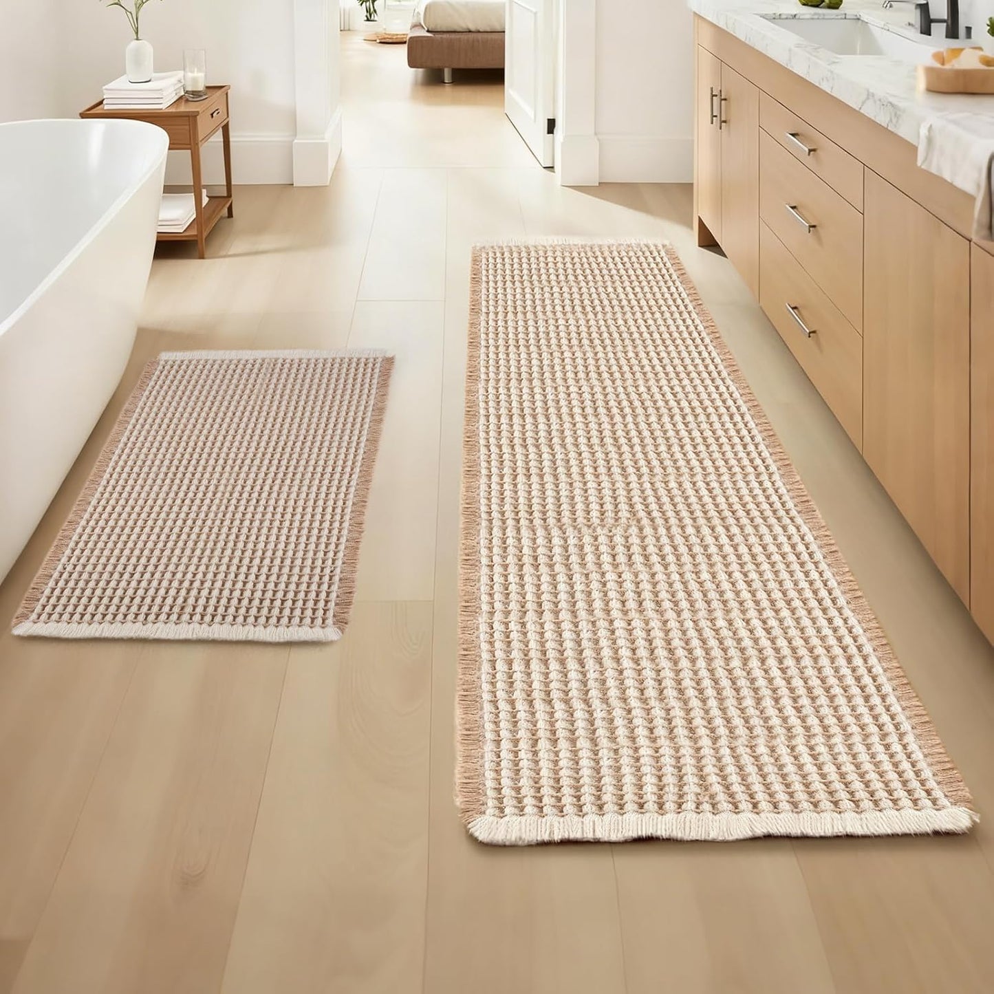 ArtyCozy Waffle Bath Mat Set of 2, Super Absorbent Soft Non-Slip Boho Bath Rugs with Flat-Woven Hot Glue Backing for Bathroom, Machine Washable Bath Mats, 18" × 30" Plus 24" × 72", Brown & White