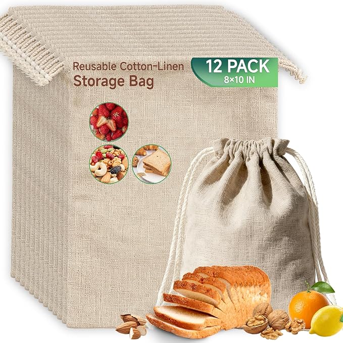 Simple&Opulence 12-Pack 8” x 10” Linen Cotton Drawstring Bags Reusable Grocery Sacks, DIY Craft Sachet Sacks Storage Cloth Bags for Party Wedding Home Bulk Produce Bags, Washable, Natual Linen