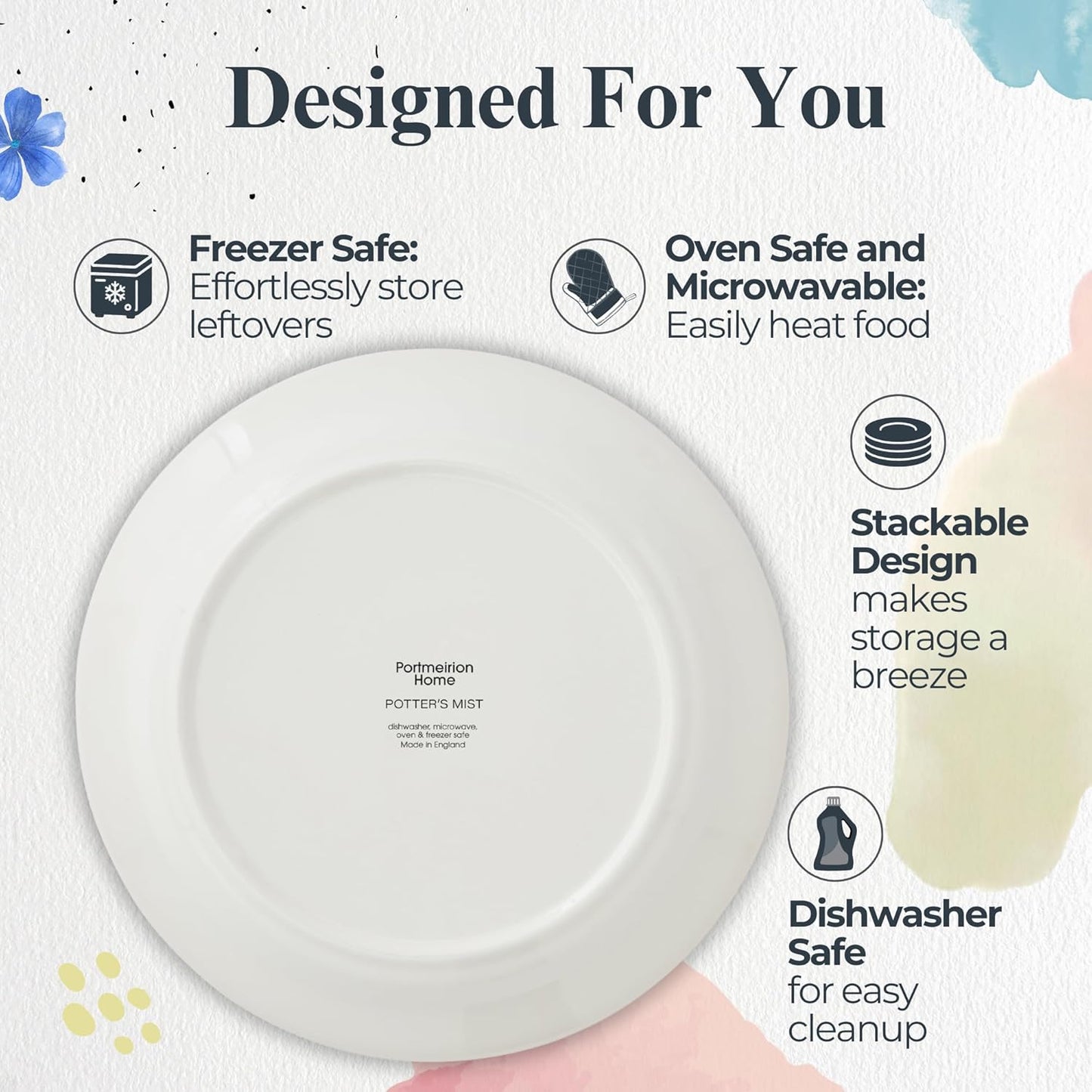 Portmeirion Potter's Mist Dinner Plate (Set of 4) - 10.5-Inch Stackable Earthenware Plates - Microwave & Dishwasher Safe, Handcrafted Dinnerware for Casual & Formal Table Settings (Blue Mist)
