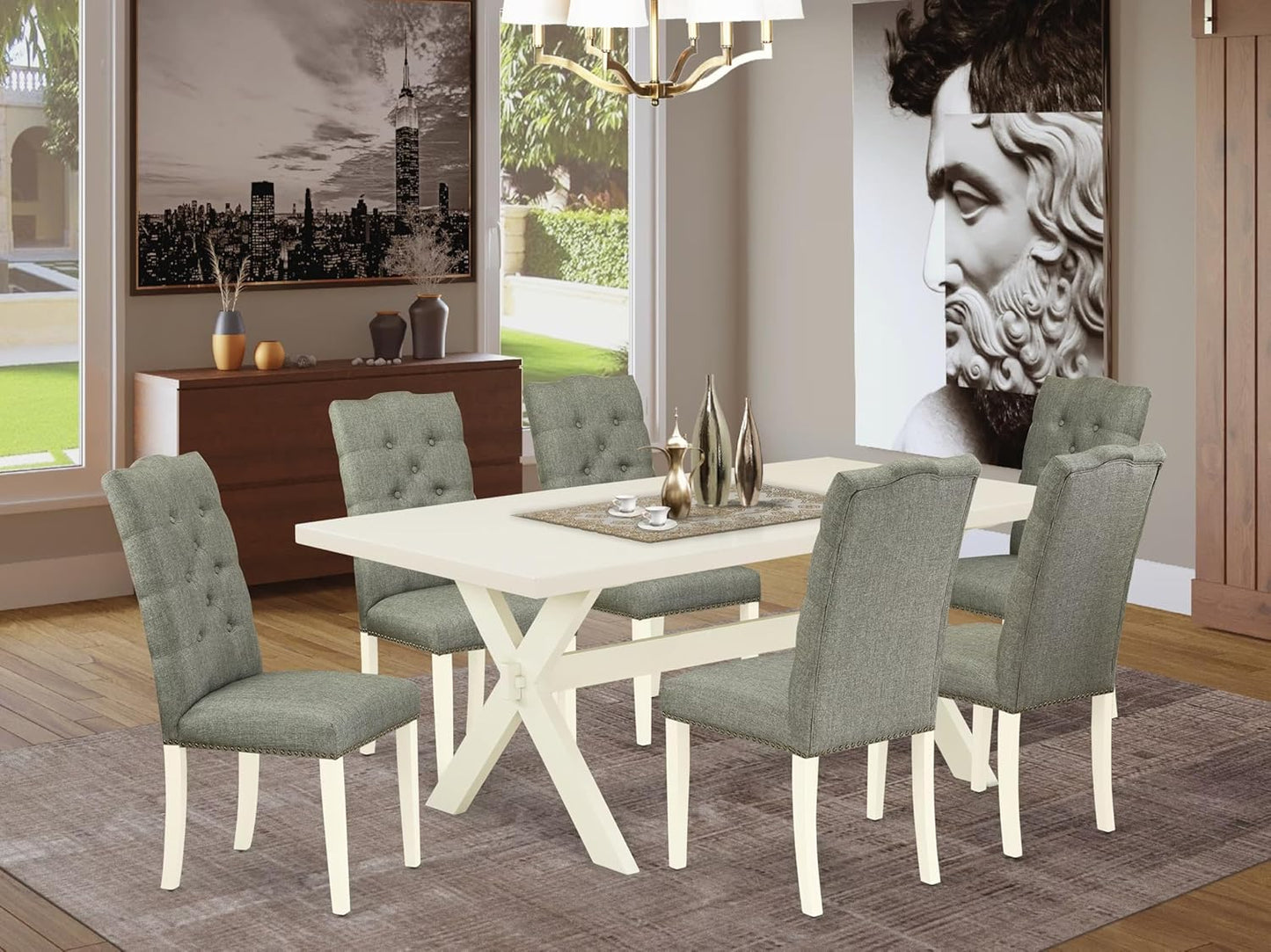 East West Furniture X027EL207-7 7 Piece Kitchen Table Set Consist of a Rectangle Dining Table with X-Legs and 6 Gray Linen Fabric Parsons Dining Chairs, 40x72 Inch, Multi-Color