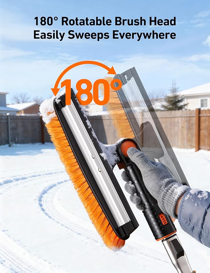AstroAI 62.4" Ice Scrapers for Car Windshield, 3 in 1 Sturdy Snow Brush with Squeegee, 10 Adjustable Length Settings, Extendable Aluminum Handle, 180° Pivoting Snow Brush for Car, Truck, SUV(Orange)