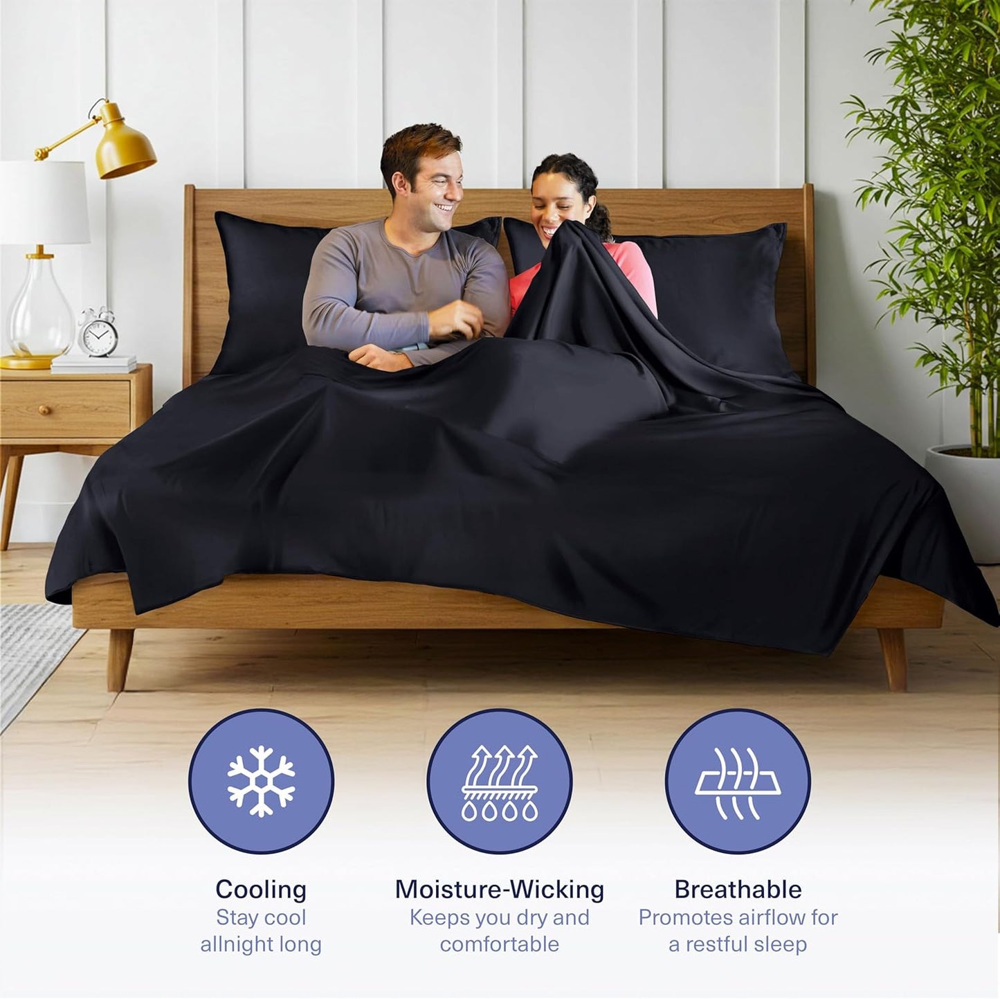 Kickoff Viscose Bamboo Sheets Queen Size 4-pc 100% Organic Bamboo Viscose Bed Cooling Sheets Queen Size Set Cool Bedding for hot Sleepers Sheet, Flat, Fitted, Pillowcases (Onyx Black, Q)