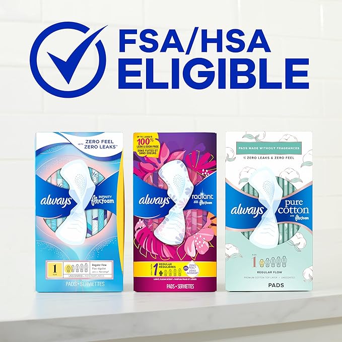 Always Radiant Feminine Pads for Women, Flexfoam Pads with Wings, Size 5, Extra Heavy Overnight Absorbency, Lightly Scented, 54 Count (3 Packs of 18)