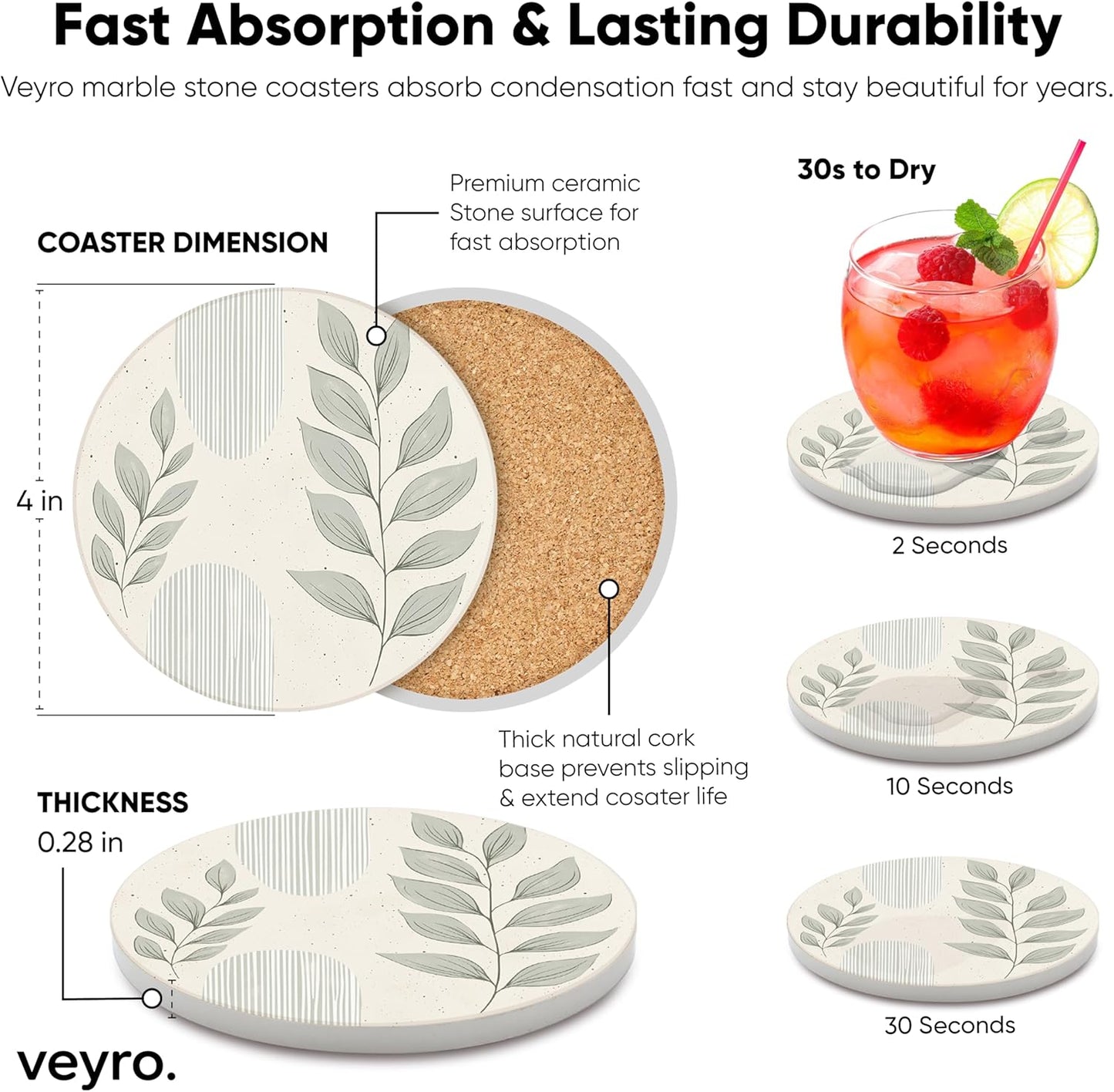 VEYRO Coasters Set of 4 for Drinks – Absorbent Ceramic Stone Drink Coasters with Cork Backing for Coffee Table & Desk, Modern Boho Look Cup Coaster Set, Housewarming Gift for New Home