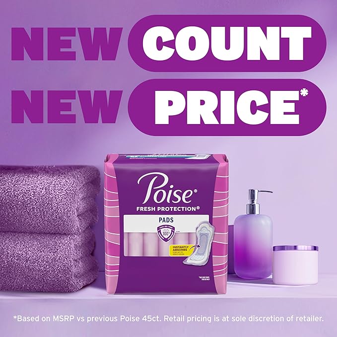Poise Incontinence Pads & Postpartum Incontinence Pads, 5 Drop Maximum Absorbency, Long Length, 120 Count (2 Packs of 60), Packaging May Vary