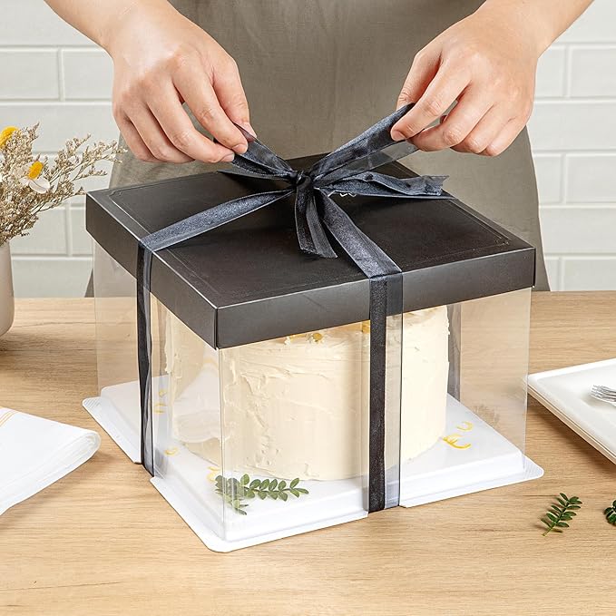 Sweet Vision Square Clear Plastic Cake Box - Black Lid and White Base, Black Ribbon - 8 1/2" x 8 1/2" x 6 3/4" - 10 count box
