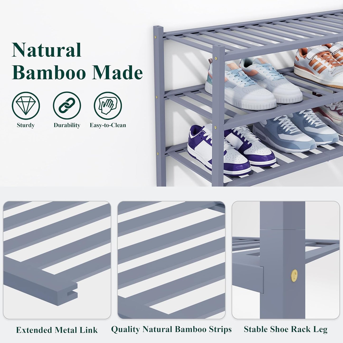 Smiry Shoe Rack, 2 Tier Thick Bamboo Shoe Organizer, Stackable Free Standing Wooden Shoe Storage Shelf for Closet, Entryway, Front Door Entrance, Grey