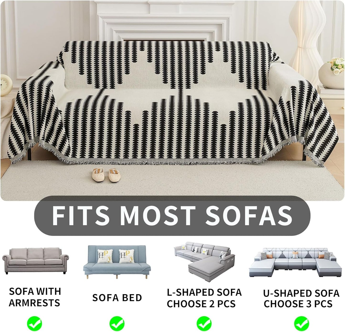 HAOMAIJIA Boho Sofa Covers for 3 Cushion Couch - Pet Friendly Soft Thick Non Slip Cover for Dogs - Washable Sectional L Shape Furniture Protector (Black, 71"x134")
