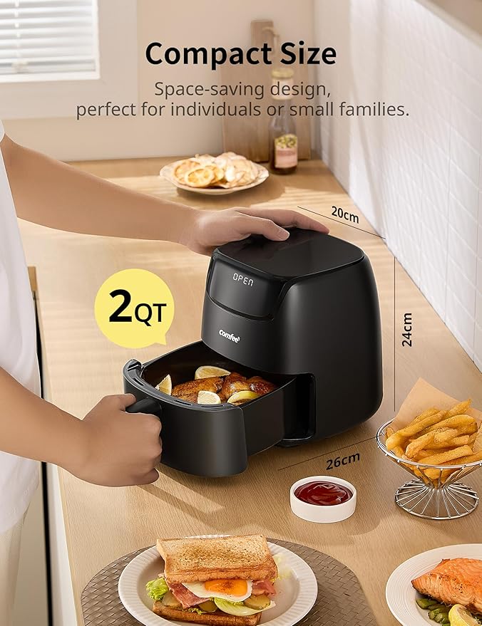 COMFEE' 2.2 Quart Compact Digital Air Fryer with Touch Screen, 360-Degrees Hot Air Circulation, Ceramic Basket, and 4 Cooking Presets