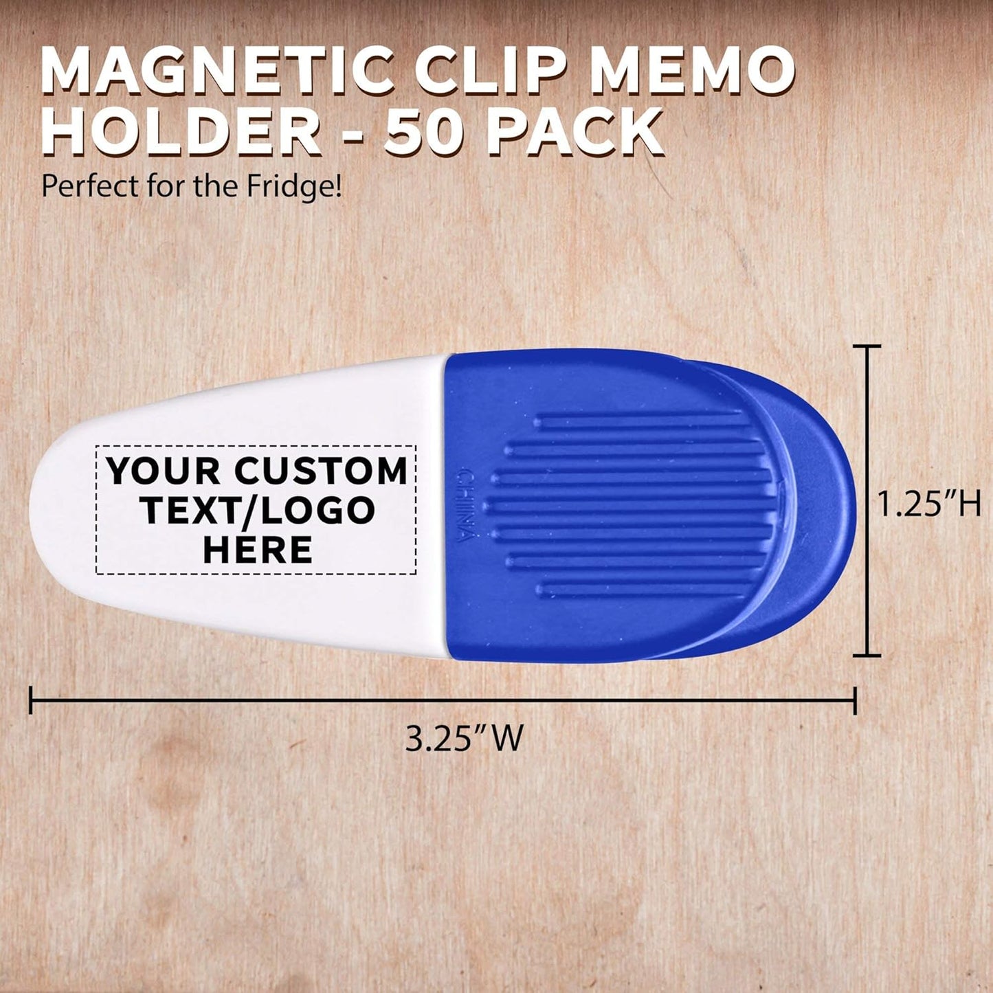 50 Magnetic Memo Holders Set - Customizable Text, Logo - Large Clip, Plastic - White Blue