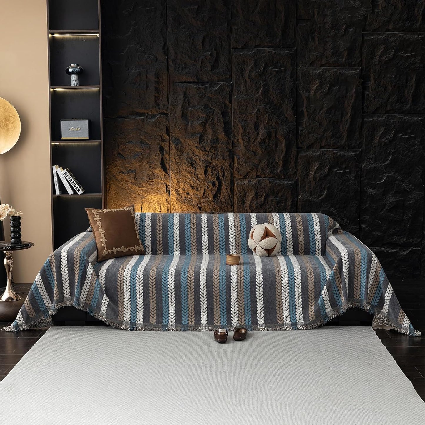 STACYPIK Boho Jacquard Leaves Sofa Cover, Blue Geometric Couch Cover for Dog, Washable Furniture Protector for 3 Cushion Couch, Non Slip Sectional Cover for Loveseat, L Shape Sofa Slipcovers-71X134IN