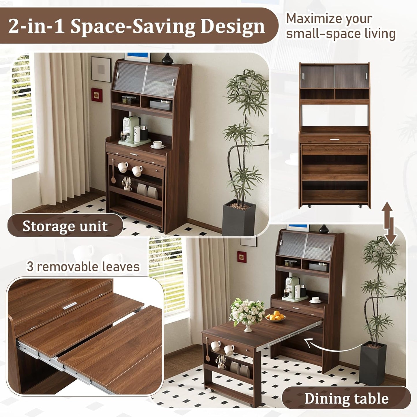 Merax Sideboard Buffet Cabinet with Foldable Dining Table, Multifunctional Cupboard with Storage Shelf and Hooks, for Small Places,Studio, Apartment