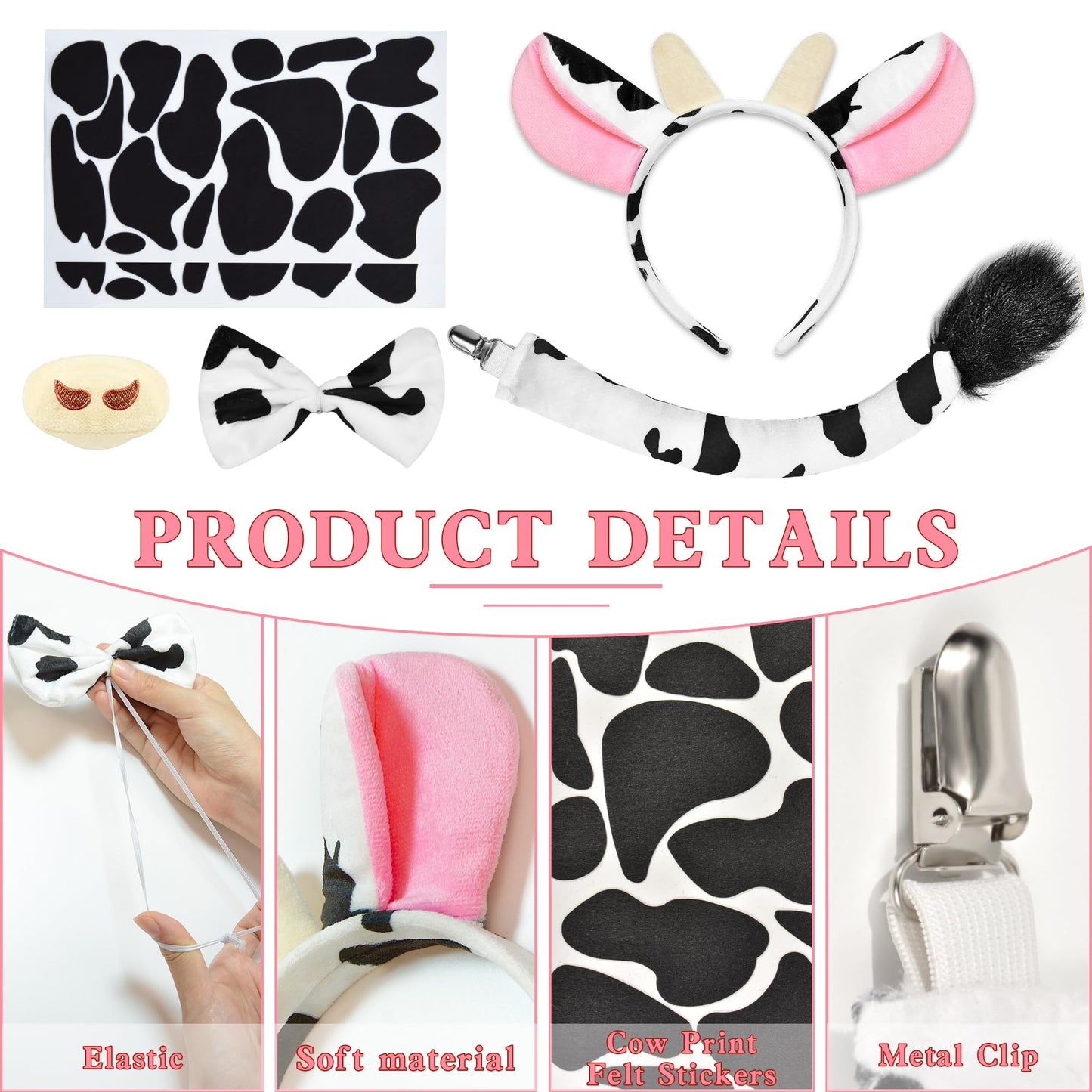 U-Zomir Cow Costume Set, Cow Ears Headband Nose Bow Tie Tail and 34pcs Adhesive Felt Pads Stickers for Halloween Cosplay DIY Dress Up (Pink)