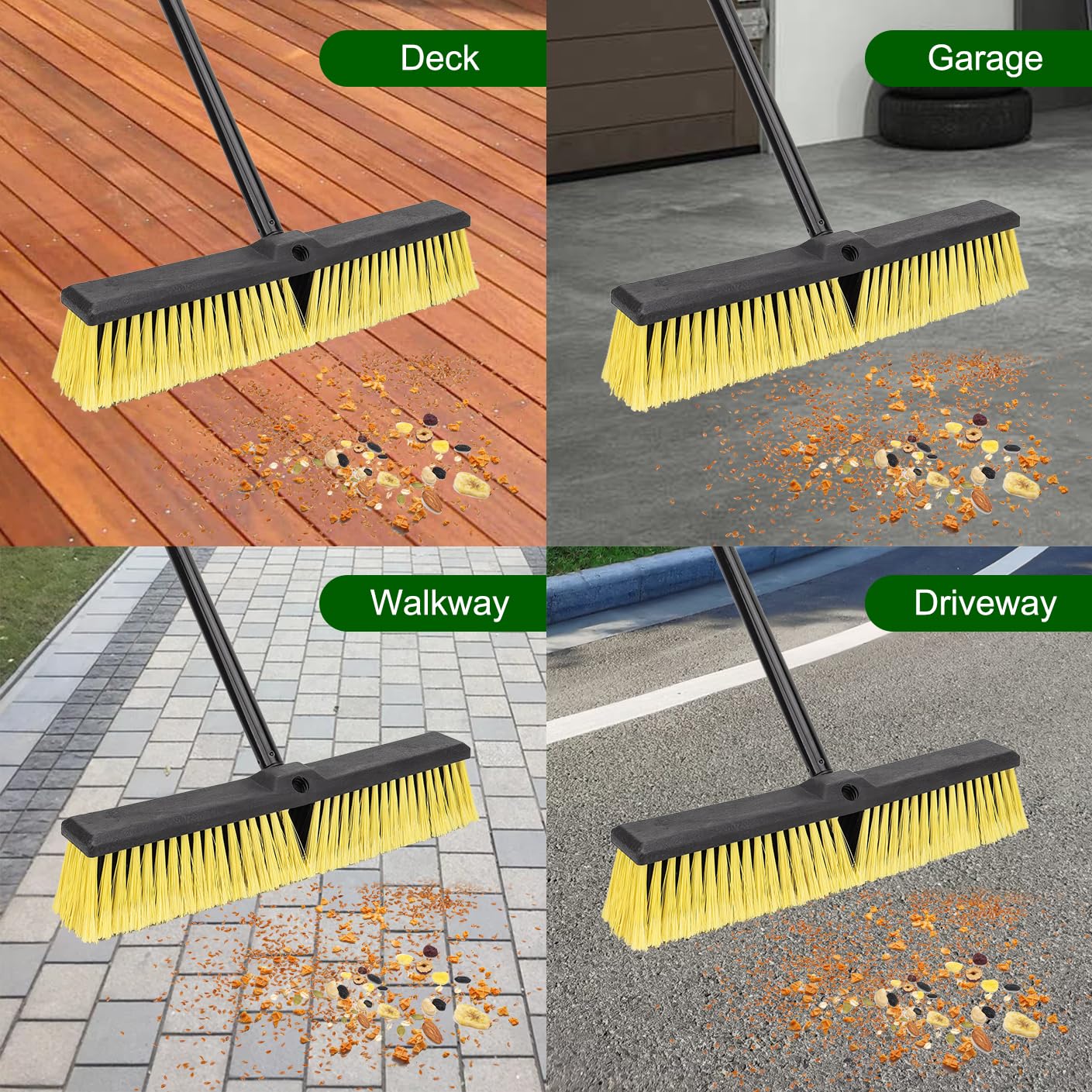 18 Inches Push Broom Outdoor- Heavy Duty Commercial Broom with 64.5" Long Handle and Stiff Bristles for Patio Garage Deck Concrete Wood Stone Tile Driveway Yard Warehouse Shop Floor Cleaning