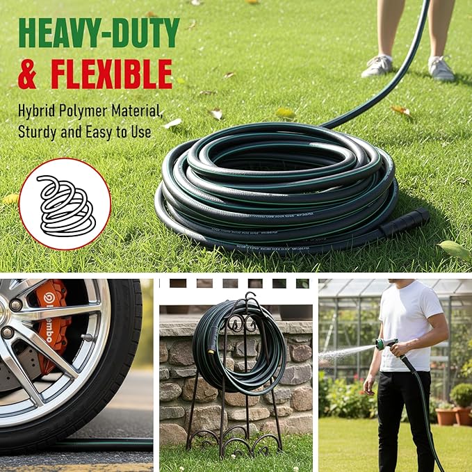 Garden Hose 25ft with 10 Function Nozzle, NON-EXPANDABLE Flexible Water Hose, Kink Resistant Lightweight Hybrid Hose, Leakproof Hose Male to Female Fittings