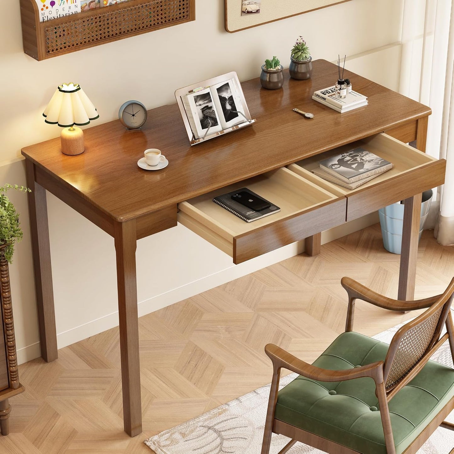 Solid Wood Desk with Drawers - 47 x 22 Inch Vintage Desks, Mid Century Modern Desks, Rubber Wood Study Table, Writing Desk with Drawers for Bedroom|Any Spaces - Walnut Color